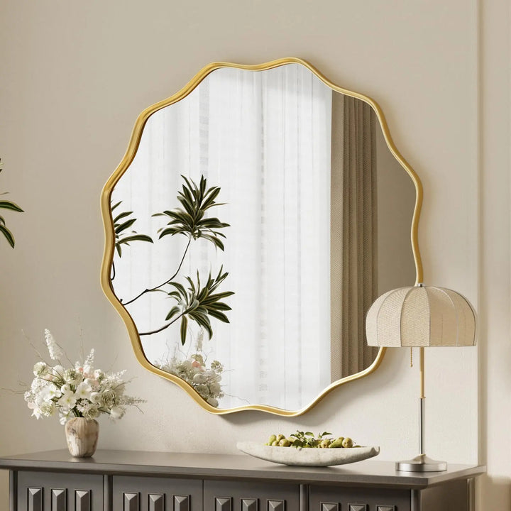 VooBang Gold Scalloped Circle Mirror, 24" Wavy Edge Round Wall Mirror