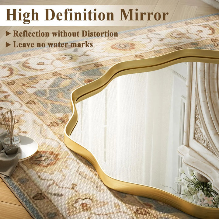 VooBang Gold Scalloped Circle Mirror, 24" Wavy Edge Round Wall Mirror