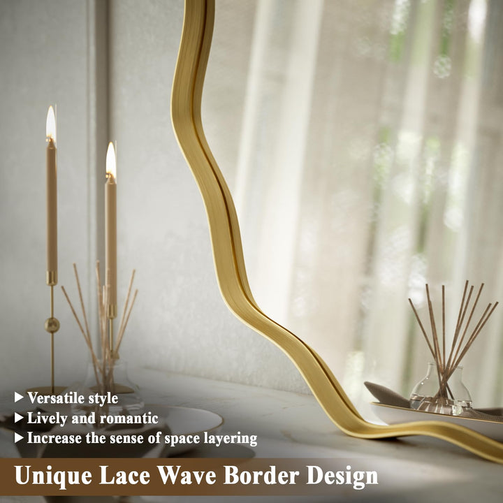 VooBang Gold Scalloped Circle Mirror, 24" Wavy Edge Round Wall Mirror 