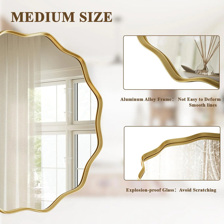 VooBang Gold Scalloped Circle Mirror, 24" Wavy Edge Round Wall Mirror