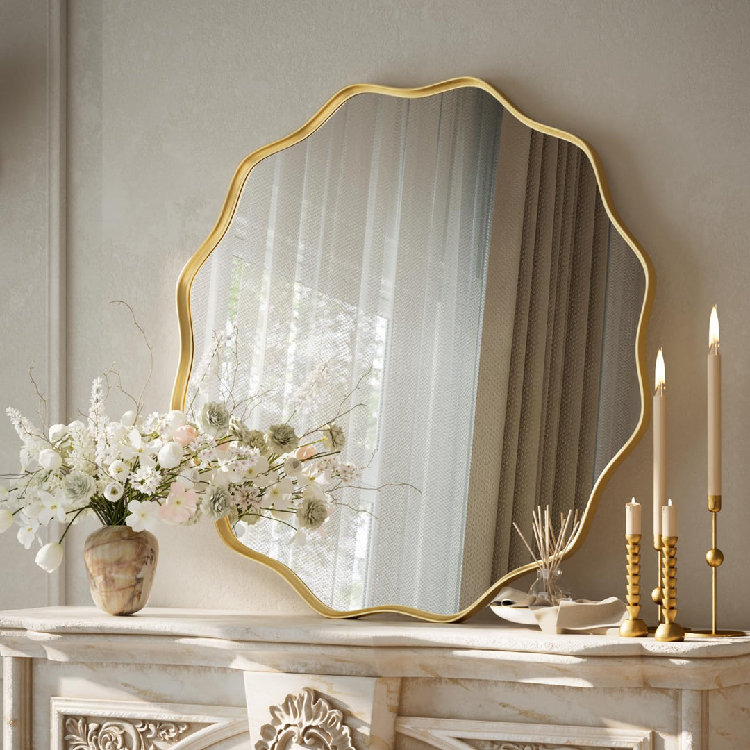 VooBang Gold Scalloped Circle Mirror, 24" Wavy Edge Round Wall Mirror 