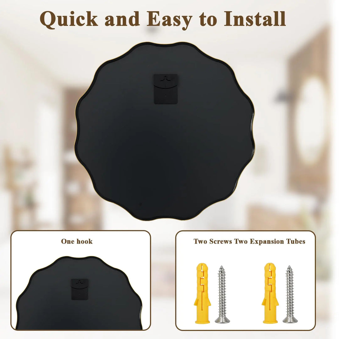 VooBang Gold Scalloped Circle Mirror, 24" Wavy Edge Round Wall Mirror