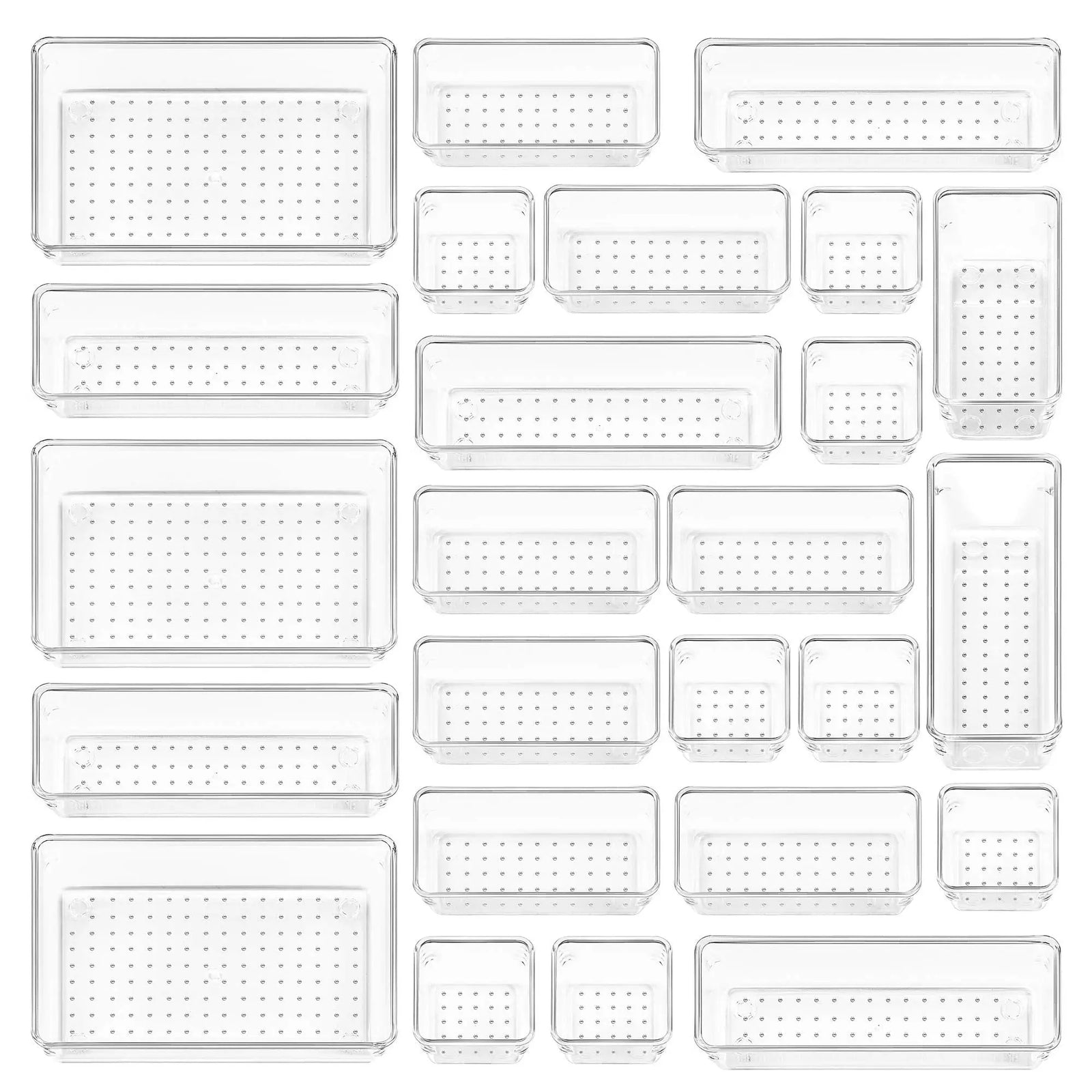 Vtopmart 25 PCS Clear Plastic Drawer Organizers Set, 4-Size Versatile Bathroom and Vanity Drawer Organizer Trays, Storage Bins for Makeup, Bedroom, Kitchen Gadgets Utensils and Office 