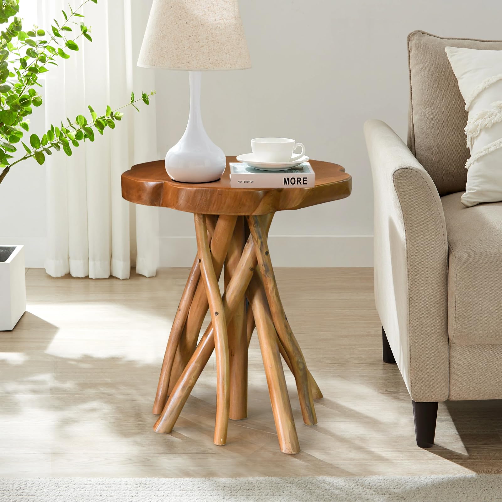 WELLAND Solid Teak Live Edge End Table, Petal Accent Table 