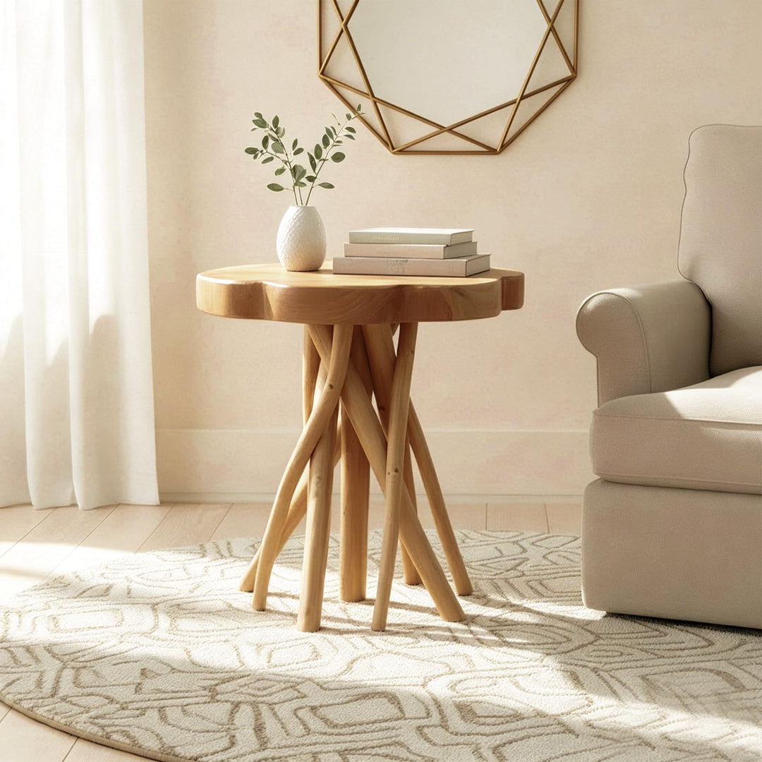 WELLAND Solid Teak Live Edge End Table, Petal Accent Table 