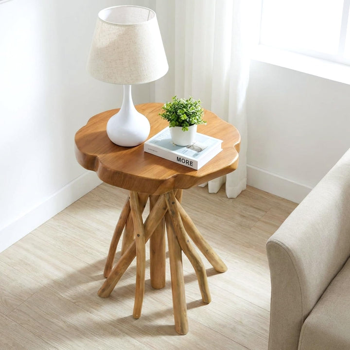 WELLAND Solid Teak Live Edge End Table, Petal Accent Table 