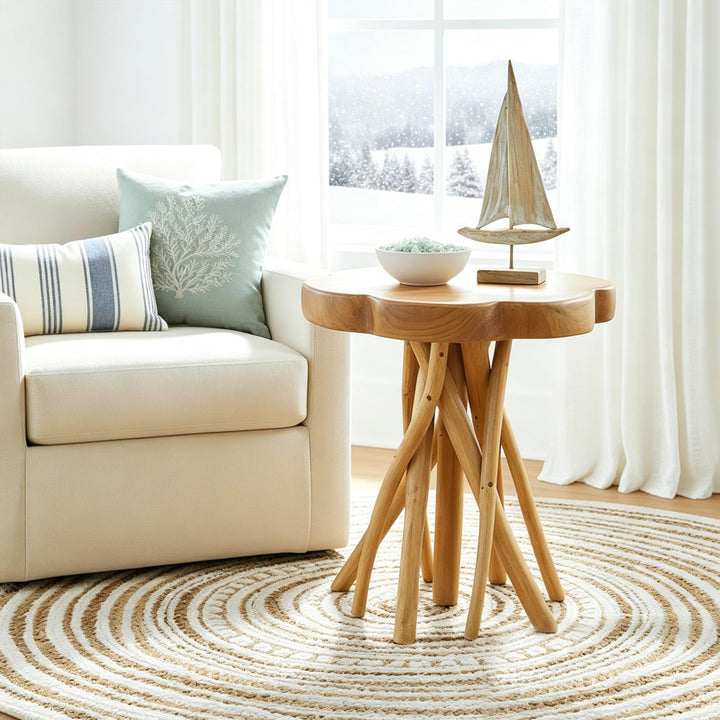 WELLAND Solid Teak Live Edge End Table, Petal Accent Table 