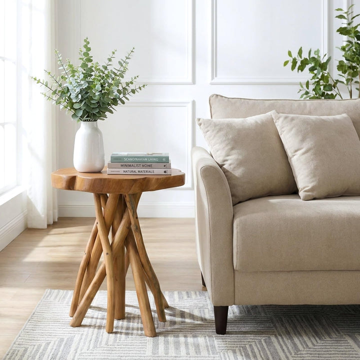 WELLAND Solid Teak Live Edge End Table, Petal Accent Table 
