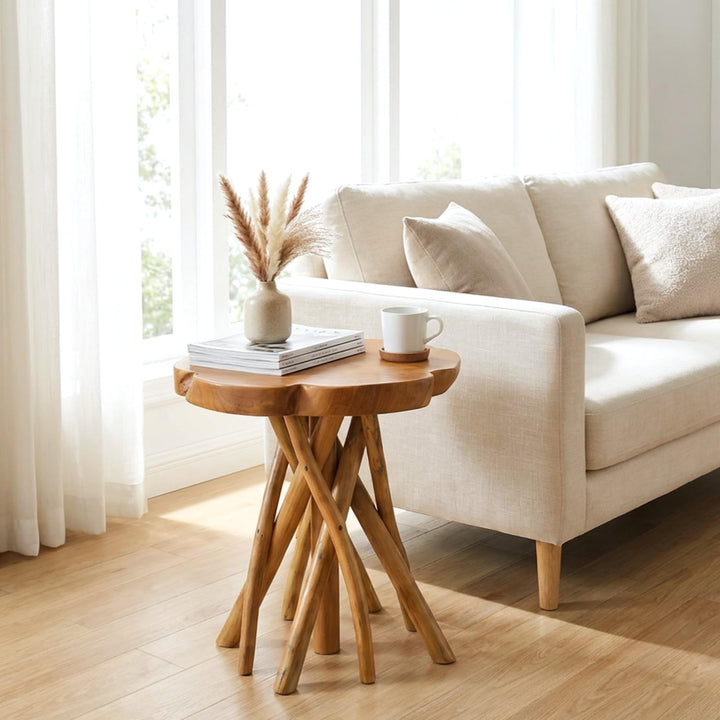 WELLAND Solid Teak Live Edge End Table, Petal Accent Table 