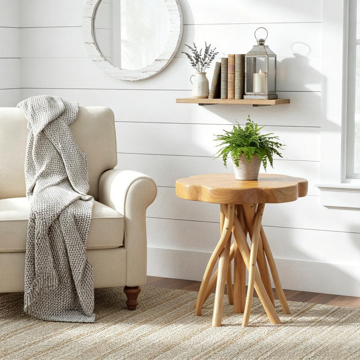 WELLAND Solid Teak Live Edge End Table, Petal Accent Table 