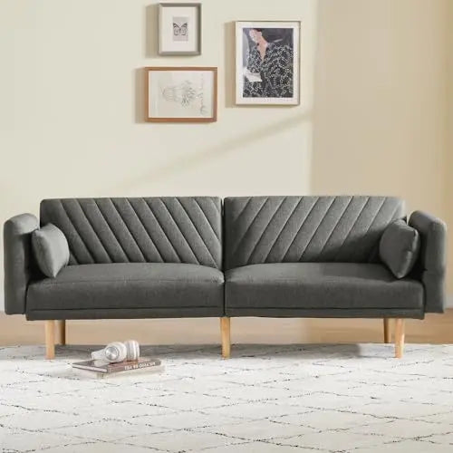 WILLOVE Futon, 78", 3-Seater Folding Tufted Futon with Adjustable Backrests and Armrest, Solid Wood Legs - Gray 