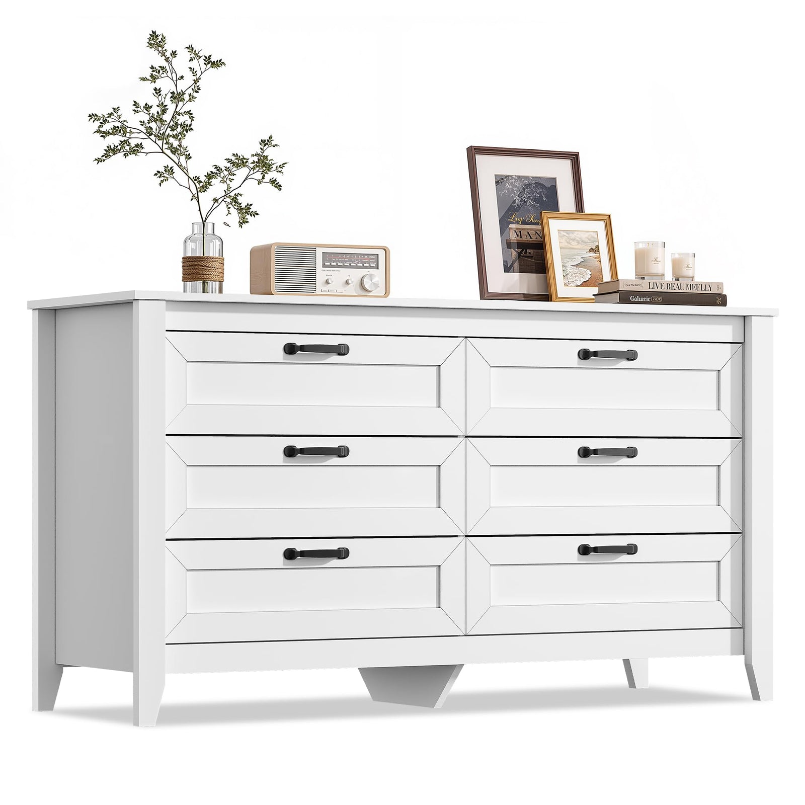 WLIVE 54" Dresser for Bedroom, Wooden 6 Drawer Dresser with Unique Anti-Tip Structure, Large Modern Chest of Drawers with Metal Handles for Living Room, Hallway, Closet, Home Furniture, White 