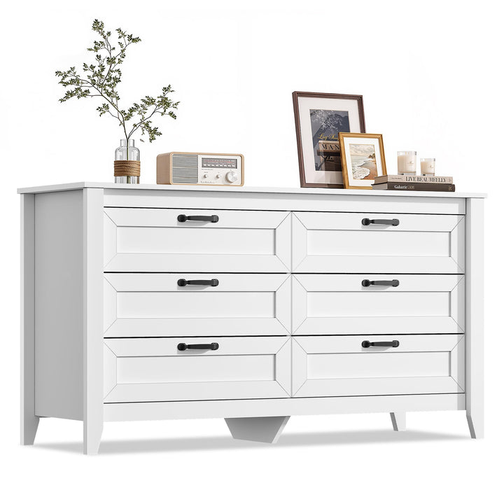 WLIVE 54" Dresser for Bedroom, Wooden 6 Drawer Dresser with Unique Anti-Tip Structure, Large Modern Chest of Drawers with Metal Handles for Living Room, Hallway, Closet, Home Furniture, White 