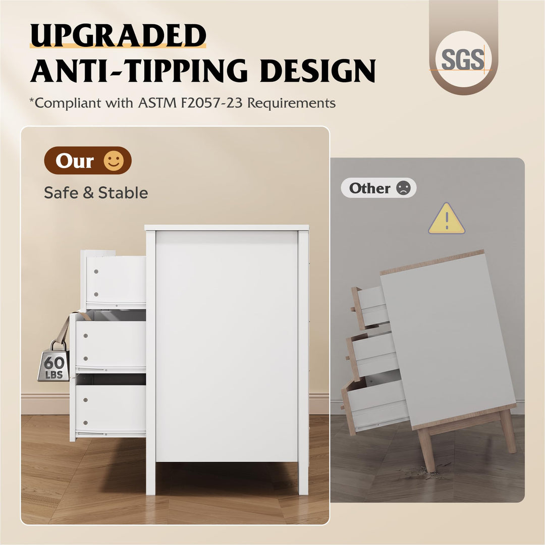 WLIVE 54" Dresser for Bedroom, Wooden 6 Drawer Dresser with Unique Anti-Tip Structure, Large Modern Chest of Drawers with Metal Handles for Living Room, Hallway, Closet, Home Furniture, White 