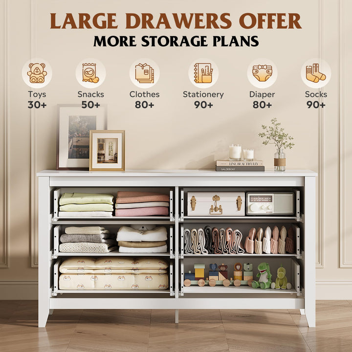 WLIVE 54" Dresser for Bedroom, Wooden 6 Drawer Dresser with Unique Anti-Tip Structure, Large Modern Chest of Drawers with Metal Handles for Living Room, Hallway, Closet, Home Furniture, White 