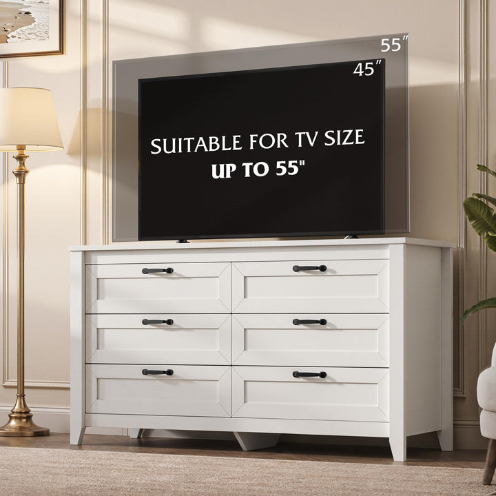 WLIVE 54" Dresser for Bedroom, Wooden 6 Drawer Dresser with Unique Anti-Tip Structure, Large Modern Chest of Drawers with Metal Handles for Living Room, Hallway, Closet, Home Furniture, White 