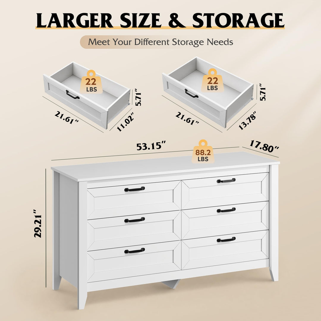 WLIVE 54" Dresser for Bedroom, Wooden 6 Drawer Dresser with Unique Anti-Tip Structure, Large Modern Chest of Drawers with Metal Handles for Living Room, Hallway, Closet, Home Furniture, White 