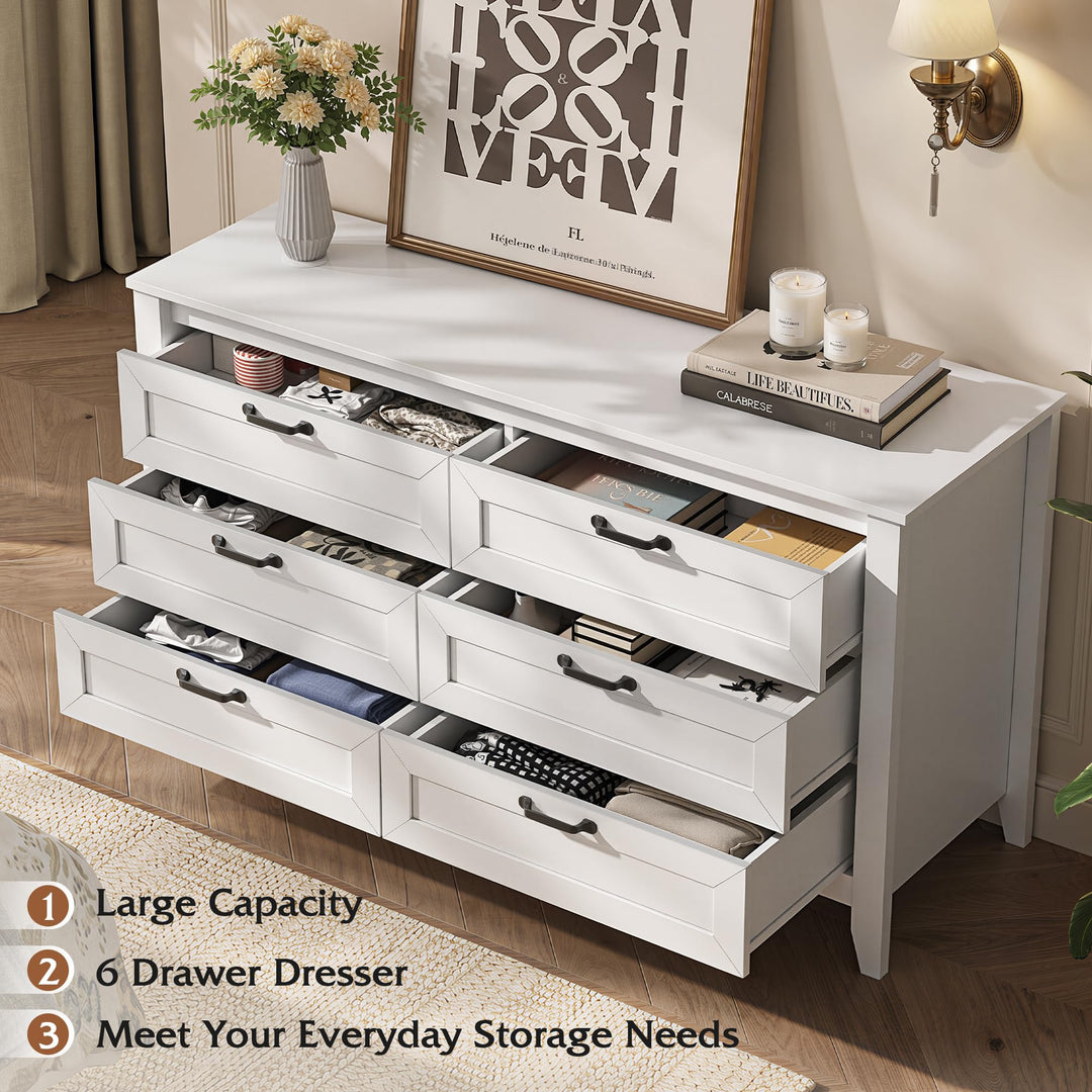 WLIVE 54" Dresser for Bedroom, Wooden 6 Drawer Dresser with Unique Anti-Tip Structure, Large Modern Chest of Drawers with Metal Handles for Living Room, Hallway, Closet, Home Furniture, White 