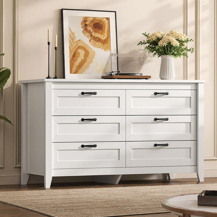 WLIVE 54" Dresser for Bedroom, Wooden 6 Drawer Dresser with Unique Anti-Tip Structure, Large Modern Chest of Drawers with Metal Handles for Living Room, Hallway, Closet, Home Furniture, White 