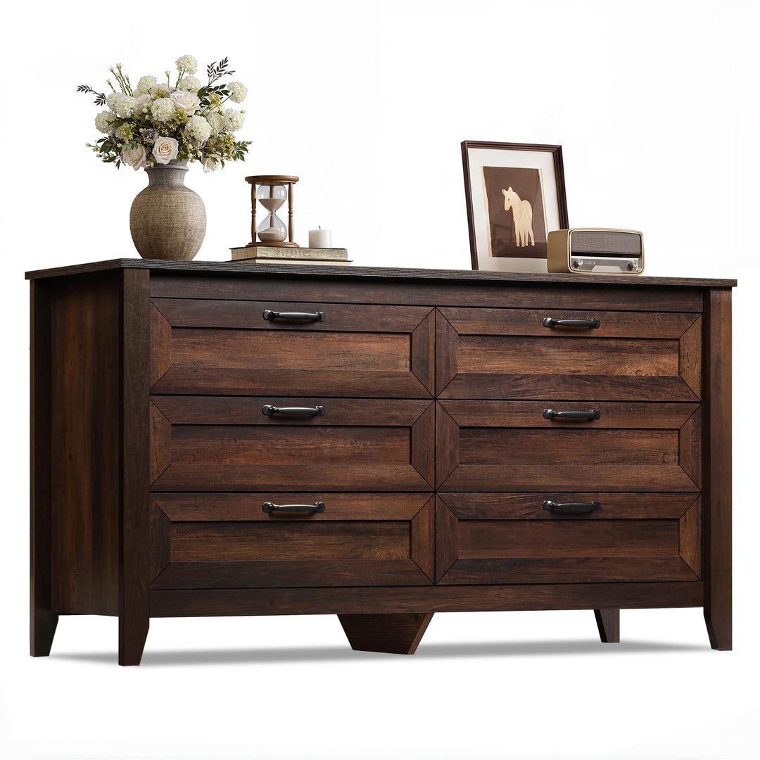WLIVE 54" Dresser for Bedroom, Wooden 6 Drawer Dresser with Unique Anti-Tip Structure, Modern Chest of Drawers with Metal Handles for Living Room, Hallway, Closet, Home Furniture, Rustic Brown 