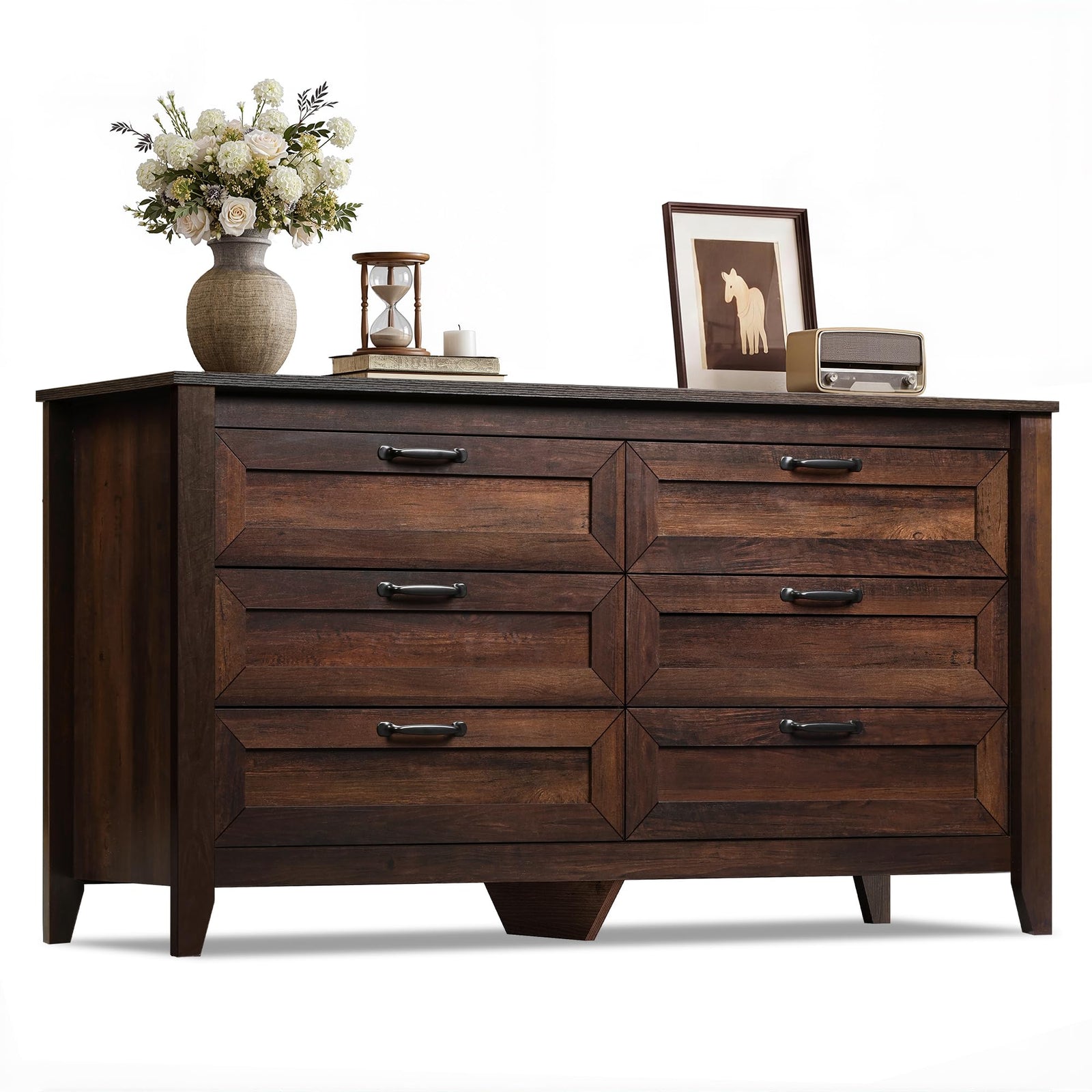 WLIVE 54" Dresser for Bedroom, Wooden 6 Drawer Dresser with Unique Anti-Tip Structure, Modern Chest of Drawers with Metal Handles for Living Room, Hallway, Closet, Home Furniture, Rustic Brown 