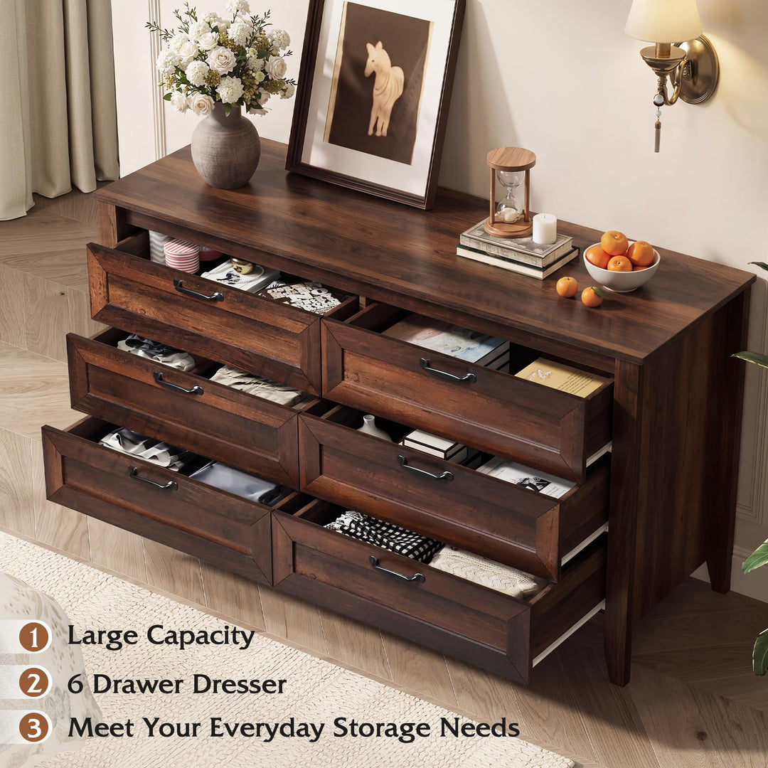 WLIVE 54" Dresser for Bedroom, Wooden 6 Drawer Dresser with Unique Anti-Tip Structure, Modern Chest of Drawers with Metal Handles for Living Room, Hallway, Closet, Home Furniture, Rustic Brown 