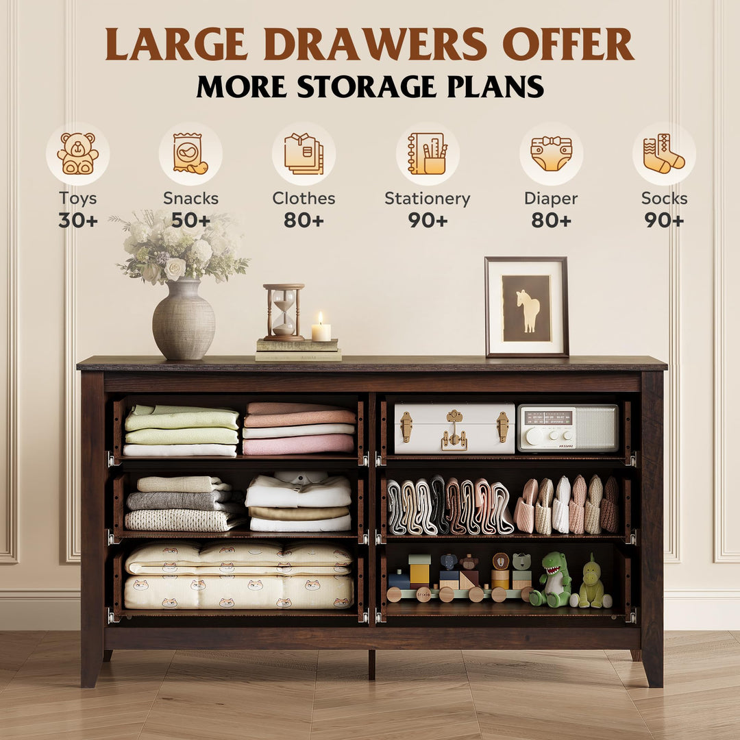 WLIVE 54" Dresser for Bedroom, Wooden 6 Drawer Dresser with Unique Anti-Tip Structure, Modern Chest of Drawers with Metal Handles for Living Room, Hallway, Closet, Home Furniture, Rustic Brown 