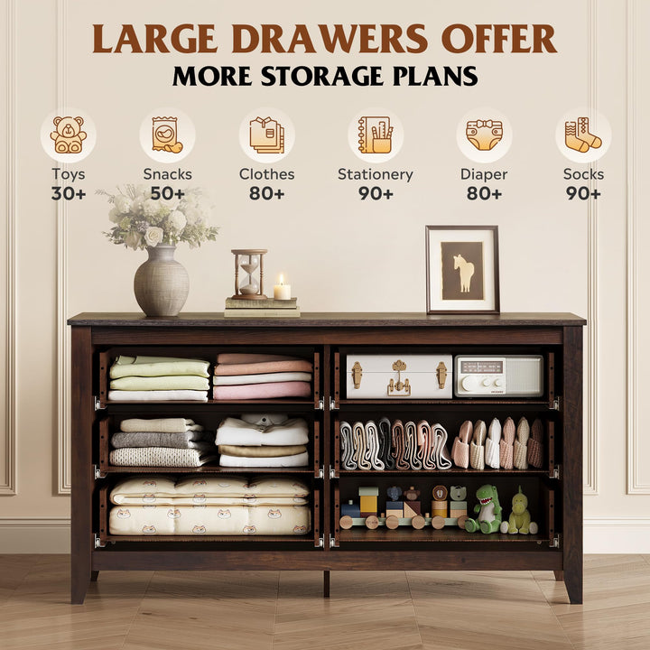 WLIVE 54" Dresser for Bedroom, Wooden 6 Drawer Dresser with Unique Anti-Tip Structure, Modern Chest of Drawers with Metal Handles for Living Room, Hallway, Closet, Home Furniture, Rustic Brown 