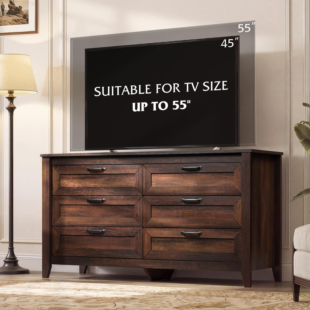 WLIVE 54" Dresser for Bedroom, Wooden 6 Drawer Dresser with Unique Anti-Tip Structure, Modern Chest of Drawers with Metal Handles for Living Room, Hallway, Closet, Home Furniture, Rustic Brown 