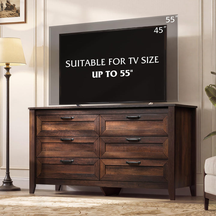 WLIVE 54" Dresser for Bedroom, Wooden 6 Drawer Dresser with Unique Anti-Tip Structure, Modern Chest of Drawers with Metal Handles for Living Room, Hallway, Closet, Home Furniture, Rustic Brown 