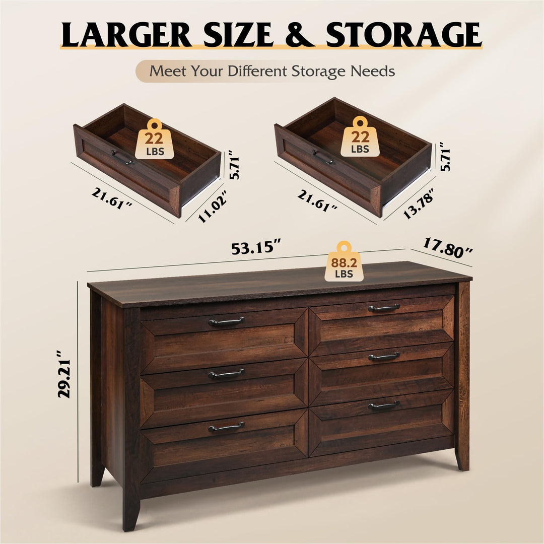 WLIVE 54" Dresser for Bedroom, Wooden 6 Drawer Dresser with Unique Anti-Tip Structure, Modern Chest of Drawers with Metal Handles for Living Room, Hallway, Closet, Home Furniture, Rustic Brown 