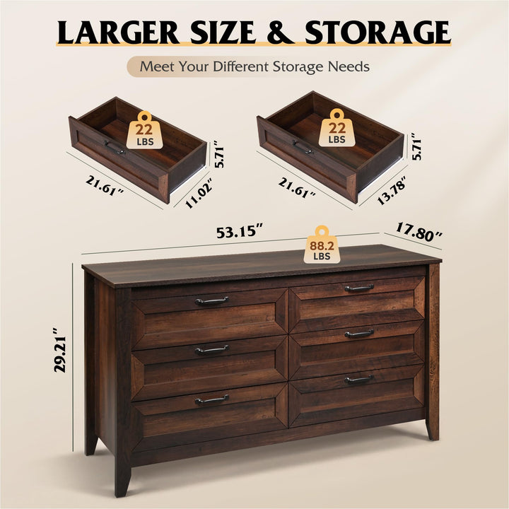 WLIVE 54" Dresser for Bedroom, Wooden 6 Drawer Dresser with Unique Anti-Tip Structure, Modern Chest of Drawers with Metal Handles for Living Room, Hallway, Closet, Home Furniture, Rustic Brown 