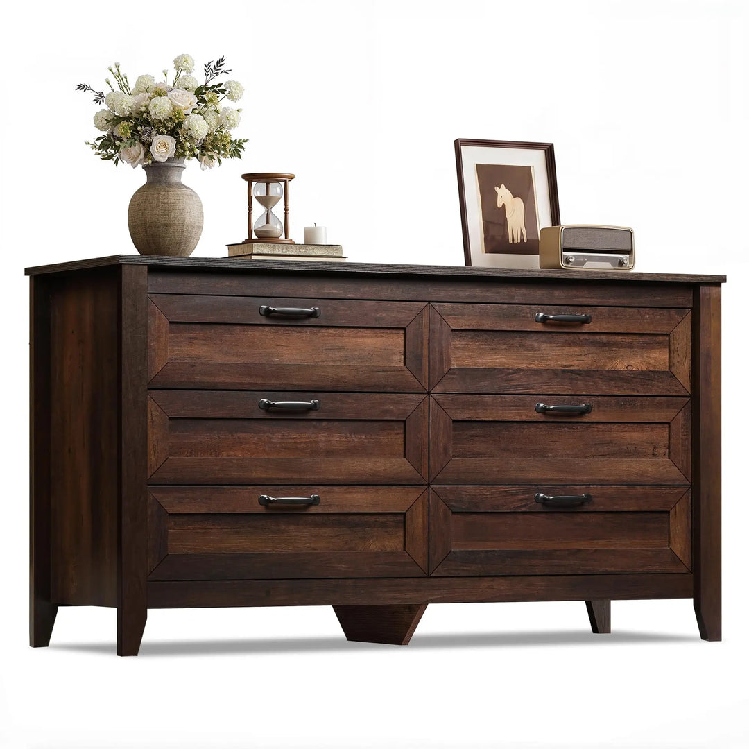 WLIVE 54" Dresser for Bedroom, Wooden 6 Drawer Dresser with Unique Anti-Tip Structure, Modern Chest of Drawers with Metal Handles for Living Room, Hallway, Closet, Home Furniture, Rustic Brown 