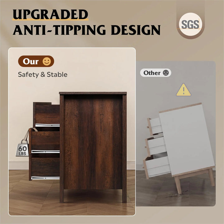 WLIVE 54" Dresser for Bedroom, Wooden 6 Drawer Dresser with Unique Anti-Tip Structure, Modern Chest of Drawers with Metal Handles for Living Room, Hallway, Closet, Home Furniture, Rustic Brown 