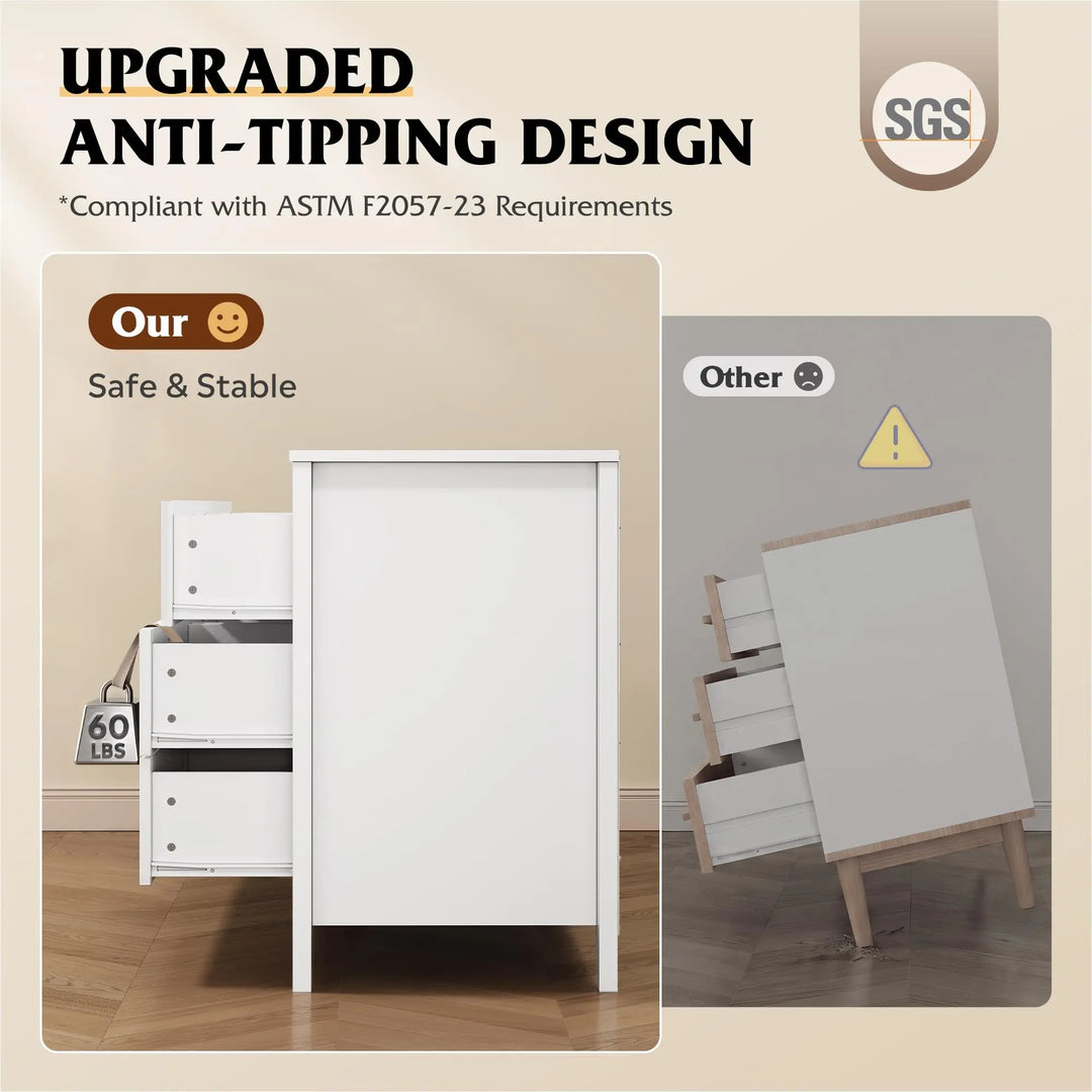 WLIVE 54" Dresser for Bedroom, Wooden 6 Drawer Dresser with Unique Anti-Tip Structure, Large Modern Chest of Drawers with Metal Handles for Living Room, Hallway, Closet, Home Furniture, White 