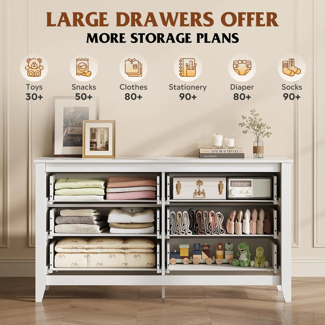 WLIVE 54" Dresser for Bedroom, Wooden 6 Drawer Dresser with Unique Anti-Tip Structure, Large Modern Chest of Drawers with Metal Handles for Living Room, Hallway, Closet, Home Furniture, White 