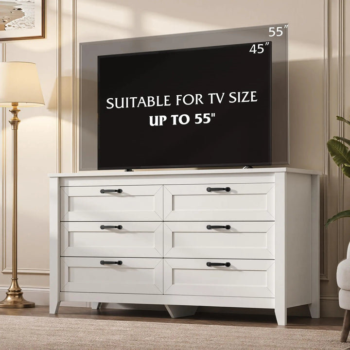 WLIVE 54" Dresser for Bedroom, Wooden 6 Drawer Dresser with Unique Anti-Tip Structure, Large Modern Chest of Drawers with Metal Handles for Living Room, Hallway, Closet, Home Furniture, White 