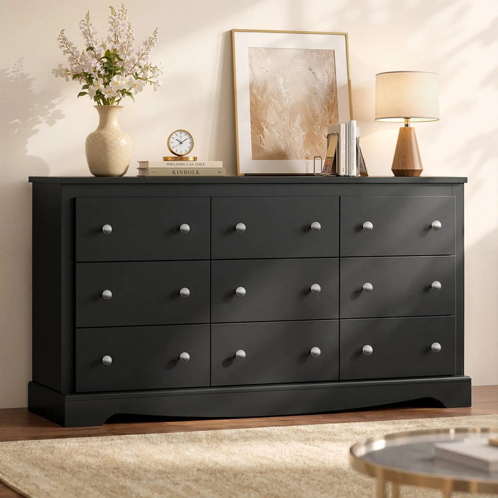 WLIVE 63" Dresser for Bedroom, Modern 9 Drawer Dresser with Exclusive Anti-Tip Structure, Large Wooden Chest of Drawers with Metal Handles for Living Room, Hallway, Closet, Home Furniture, Black 