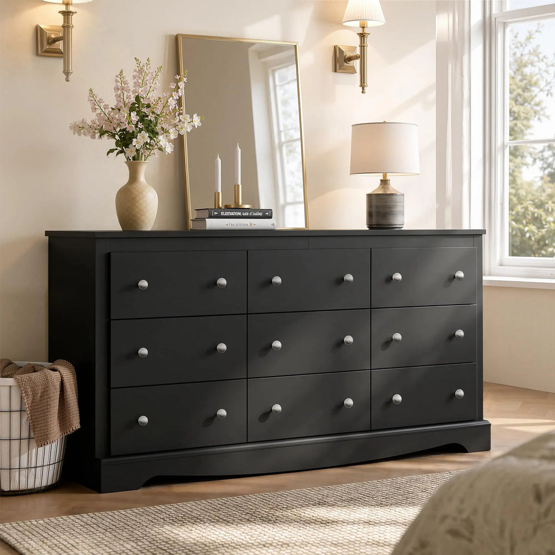 WLIVE 63" Dresser for Bedroom, Modern 9 Drawer Dresser with Exclusive Anti-Tip Structure, Large Wooden Chest of Drawers with Metal Handles for Living Room, Hallway, Closet, Home Furniture, Black 
