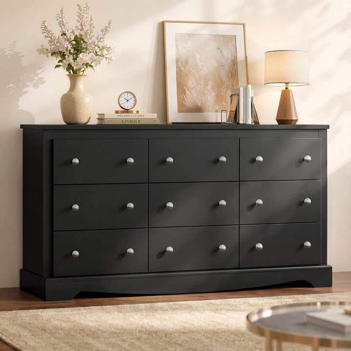 WLIVE 63" Dresser for Bedroom, Modern 9 Drawer Dresser with Exclusive Anti-Tip Structure, Large Wooden Chest of Drawers with Metal Handles for Living Room, Hallway, Closet, Home Furniture, Black 