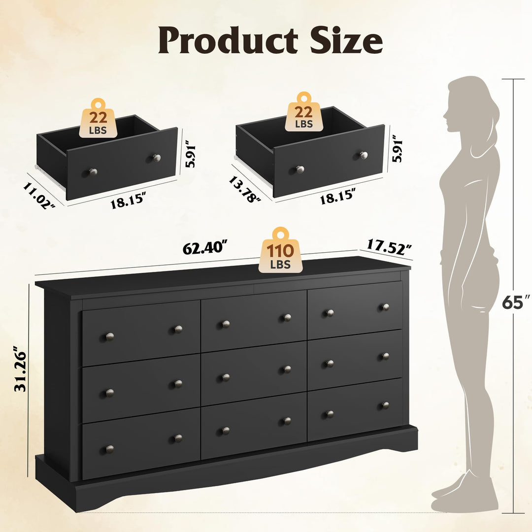WLIVE 63" Dresser for Bedroom, Modern 9 Drawer Dresser with Exclusive Anti-Tip Structure, Large Wooden Chest of Drawers with Metal Handles for Living Room, Hallway, Closet, Home Furniture, Black 