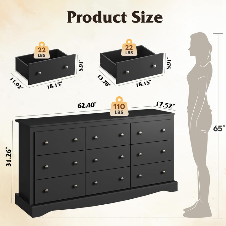 WLIVE 63" Dresser for Bedroom, Modern 9 Drawer Dresser with Exclusive Anti-Tip Structure, Large Wooden Chest of Drawers with Metal Handles for Living Room, Hallway, Closet, Home Furniture, Black 