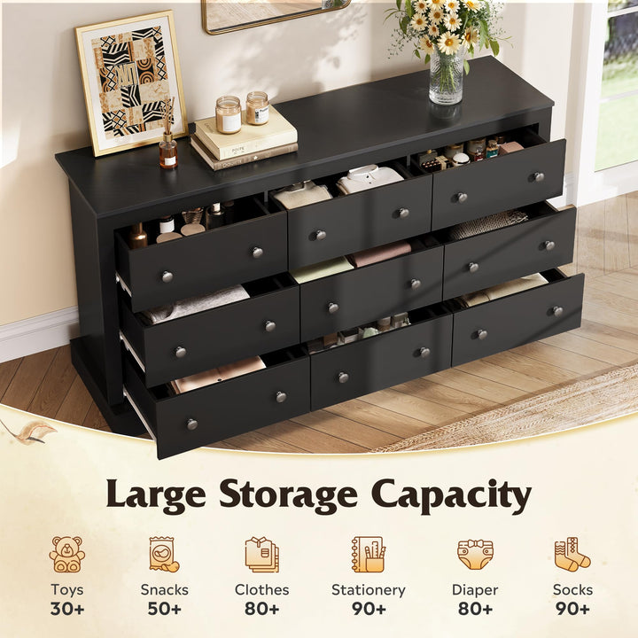 WLIVE 63" Dresser for Bedroom, Modern 9 Drawer Dresser with Exclusive Anti-Tip Structure, Large Wooden Chest of Drawers with Metal Handles for Living Room, Hallway, Closet, Home Furniture, Black 