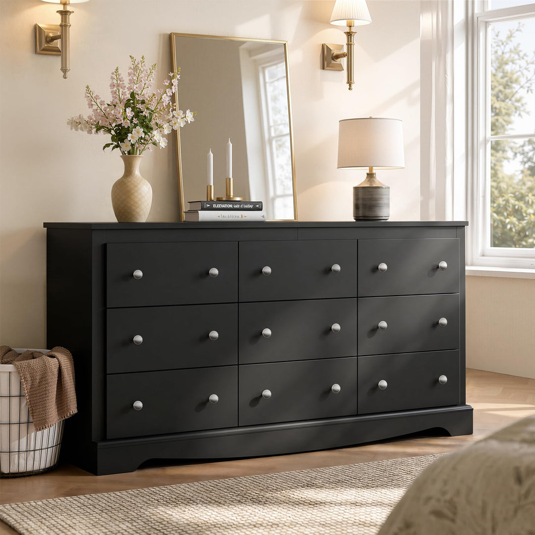 WLIVE 63" Dresser for Bedroom, Modern 9 Drawer Dresser with Exclusive Anti-Tip Structure, Large Wooden Chest of Drawers with Metal Handles for Living Room, Hallway, Closet, Home Furniture, Black 