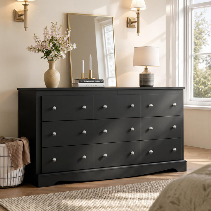 WLIVE 63" Dresser for Bedroom, Modern 9 Drawer Dresser with Exclusive Anti-Tip Structure, Large Wooden Chest of Drawers with Metal Handles for Living Room, Hallway, Closet, Home Furniture, Black 