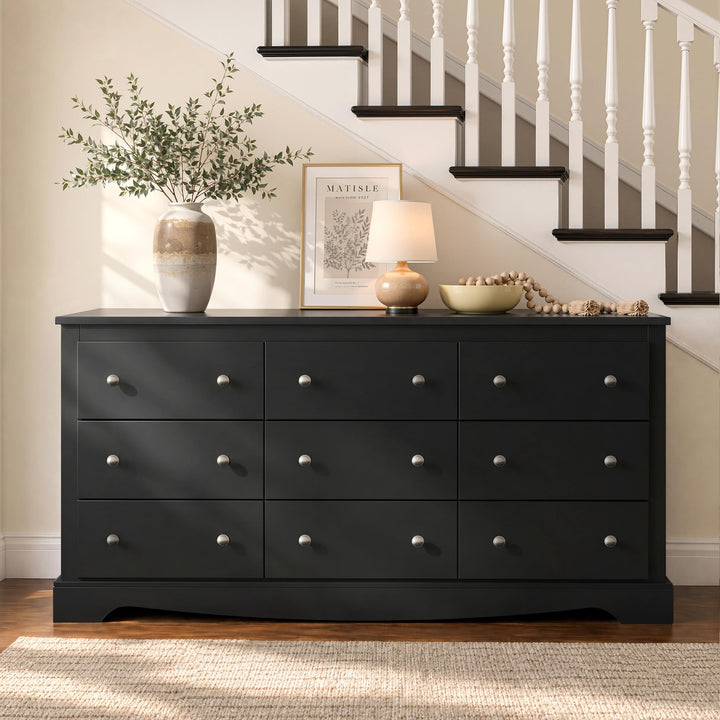 WLIVE 63" Dresser for Bedroom, Modern 9 Drawer Dresser with Exclusive Anti-Tip Structure, Large Wooden Chest of Drawers with Metal Handles for Living Room, Hallway, Closet, Home Furniture, Black 