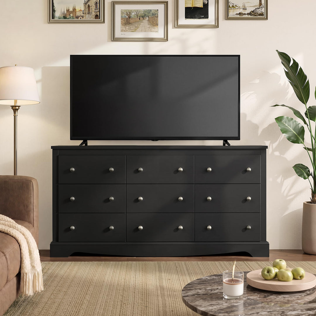 WLIVE 63" Dresser for Bedroom, Modern 9 Drawer Dresser with Exclusive Anti-Tip Structure, Large Wooden Chest of Drawers with Metal Handles for Living Room, Hallway, Closet, Home Furniture, Black 