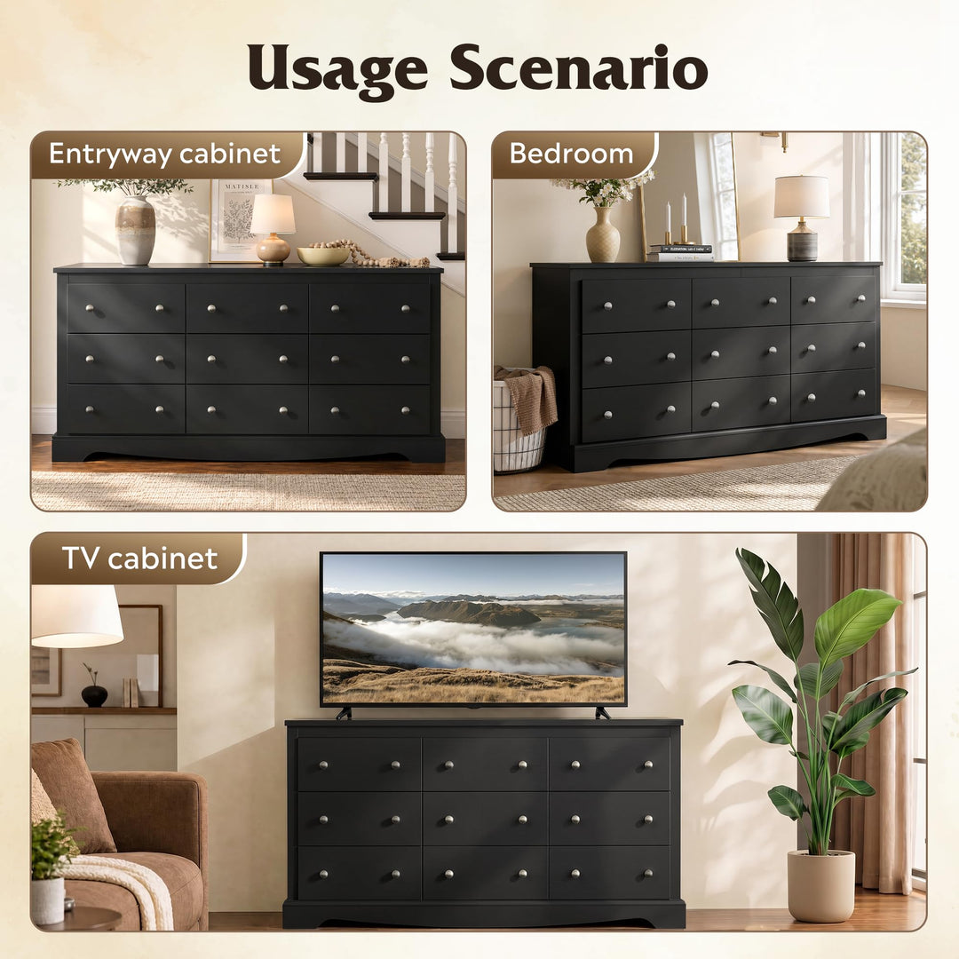 WLIVE 63" Dresser for Bedroom, Modern 9 Drawer Dresser with Exclusive Anti-Tip Structure, Large Wooden Chest of Drawers with Metal Handles for Living Room, Hallway, Closet, Home Furniture, Black 
