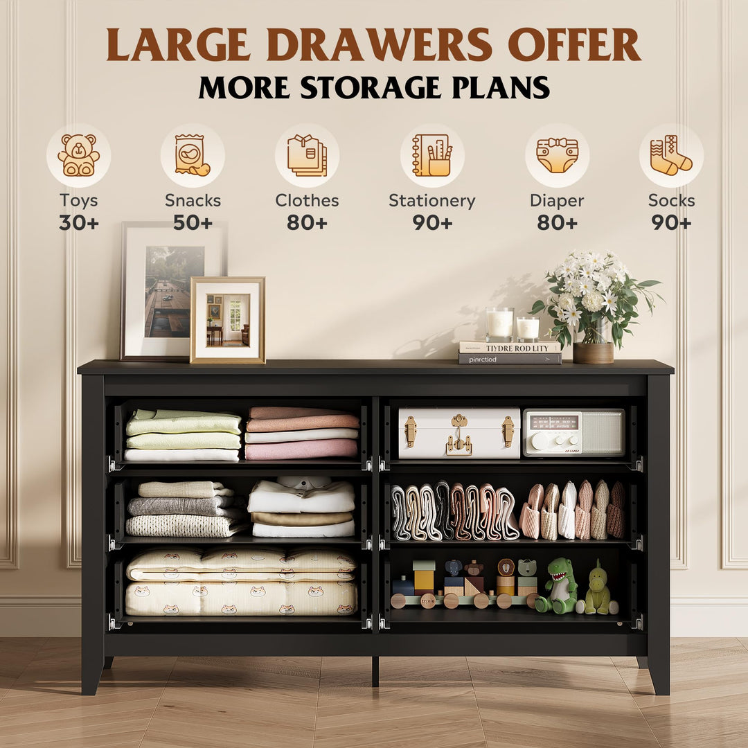 WLIVE Black Dresser 6 Drawers for Bedroom, Wood Dresser TV Stand for 55" TV 