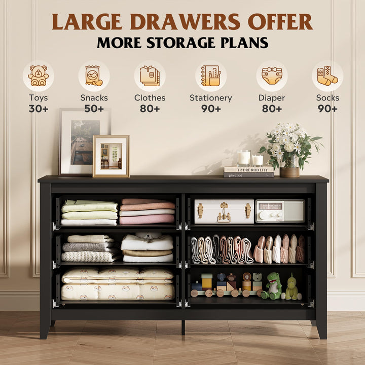 WLIVE Black Dresser 6 Drawers for Bedroom, Wood Dresser TV Stand for 55" TV 